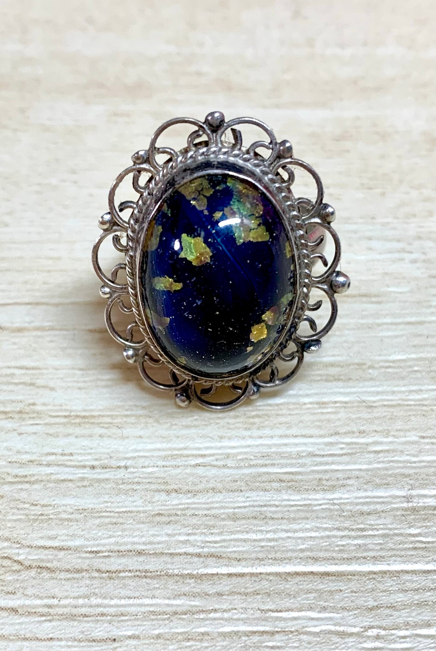 Sterling Silver Cobalt Blue Glass Ring, Size 5