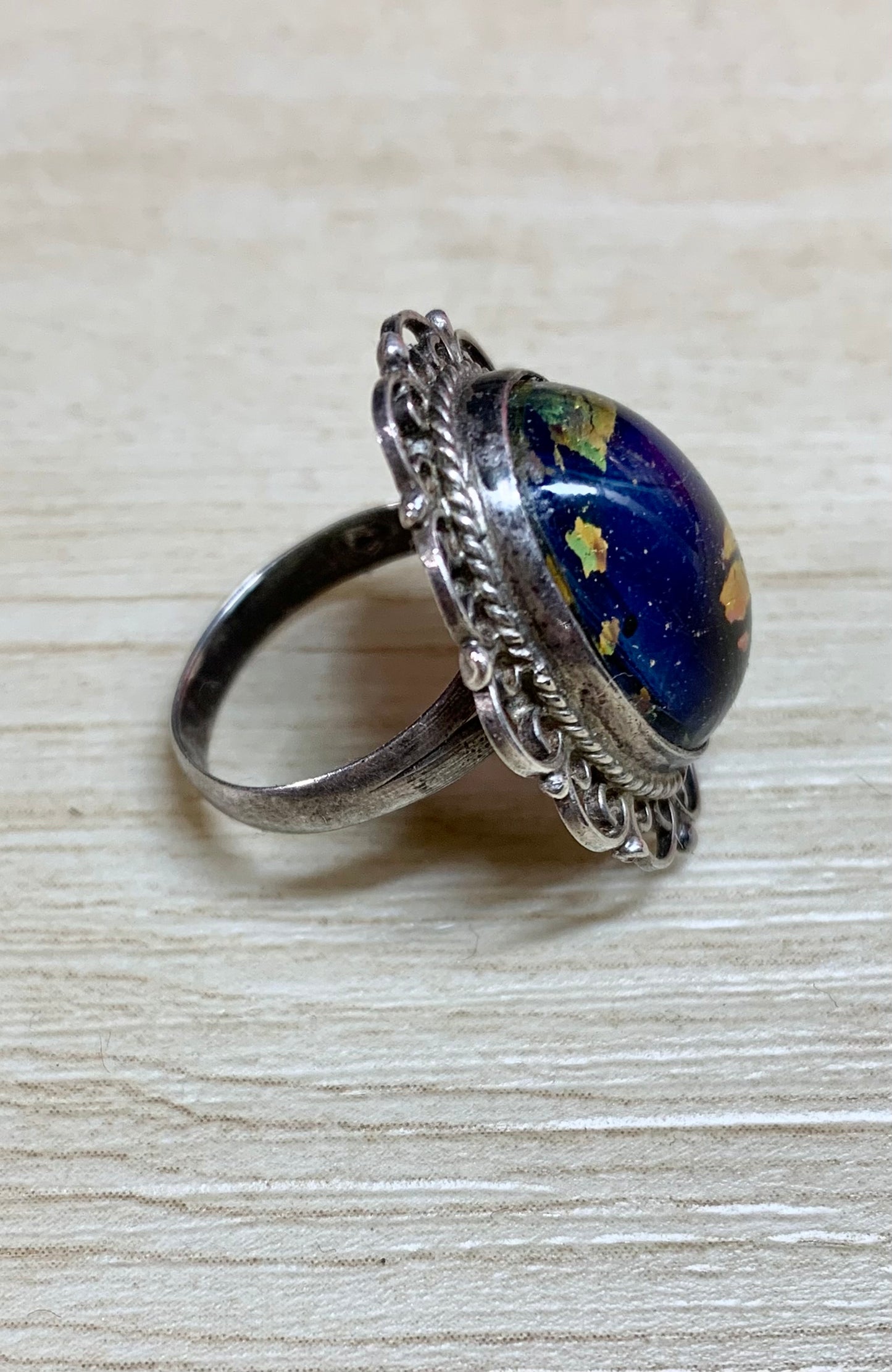 Sterling Silver Cobalt Blue Glass Ring, Size 5