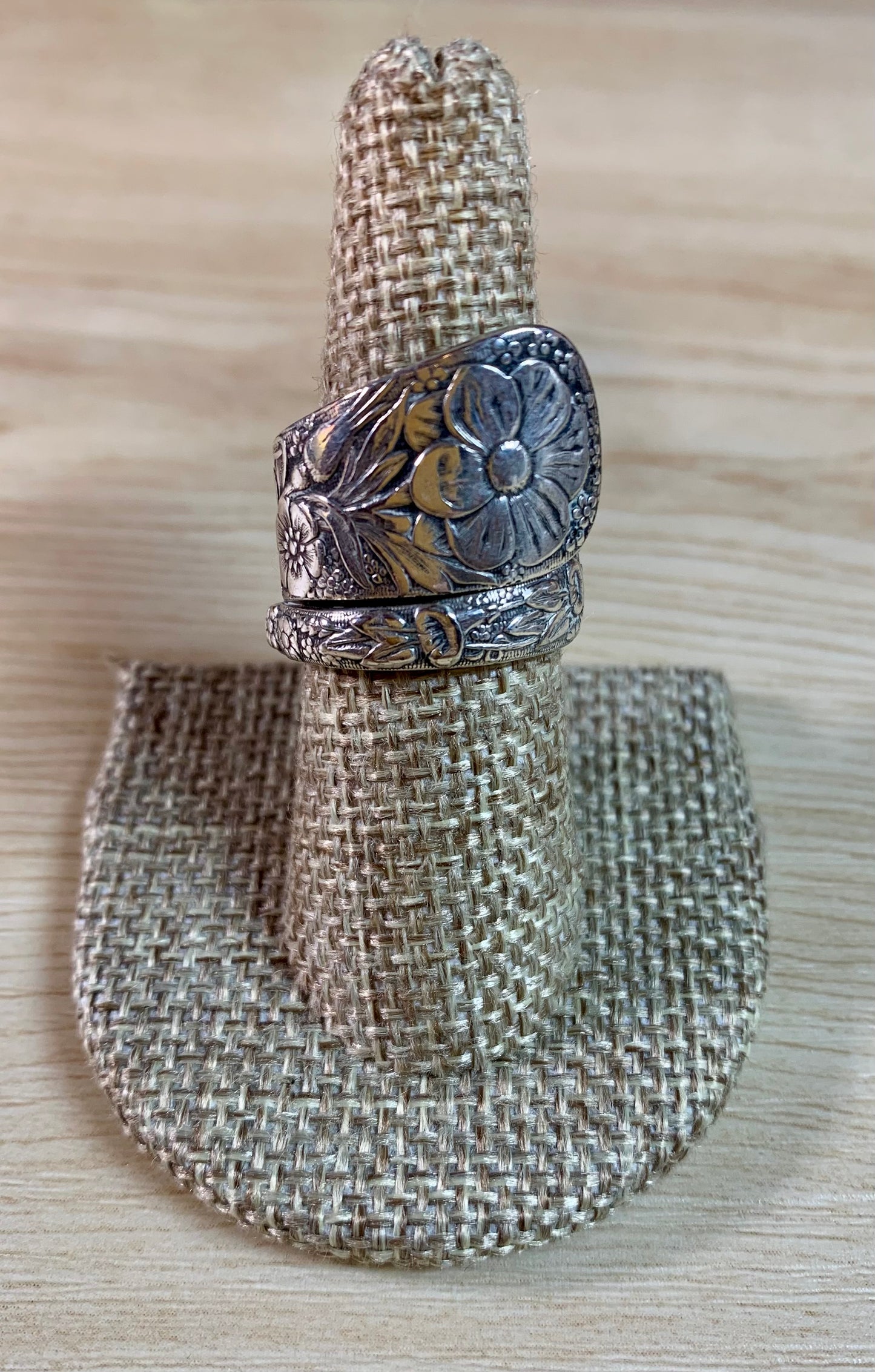Floral Silver Plated Spoon Ring, Size 7