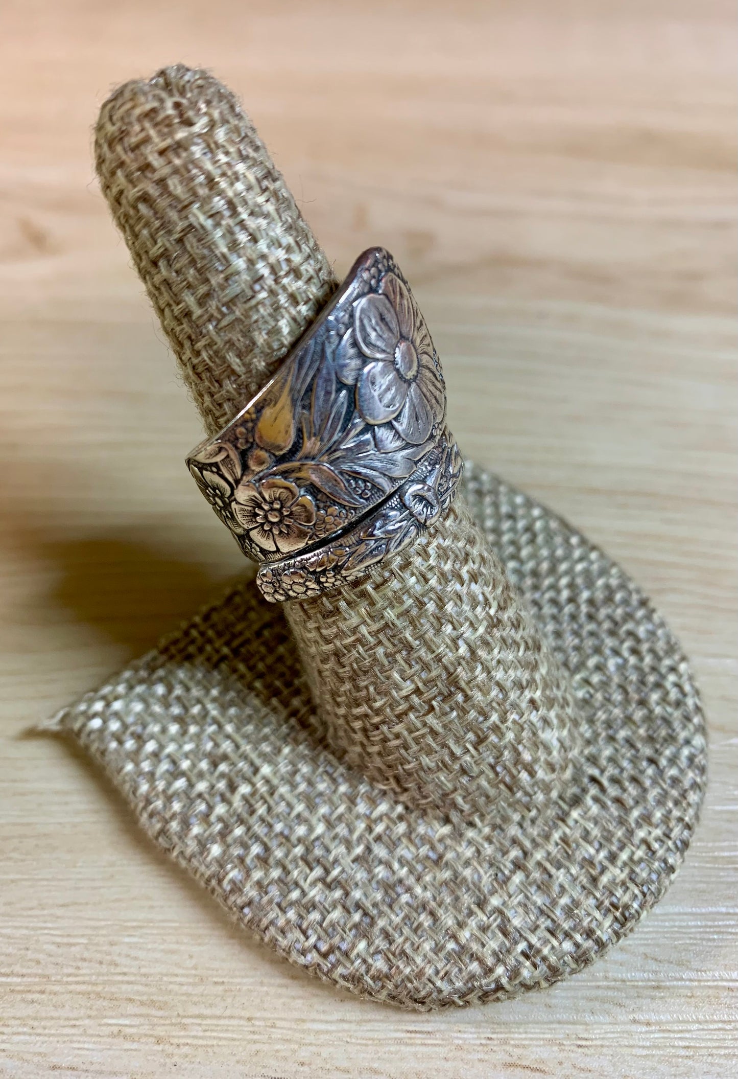 Floral Silver Plated Spoon Ring, Size 7